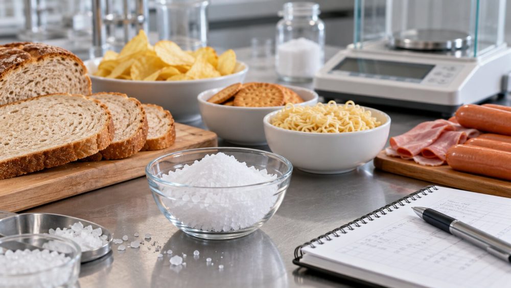 Jodsalz, Brot und verarbeitete Lebensmittel als neutrales Symbolbild zur Rezepturprüfung
