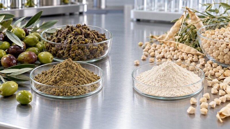 Entfettetes Olivenfruchtfleisch und Olivenfruchtfleischpulver im Labor