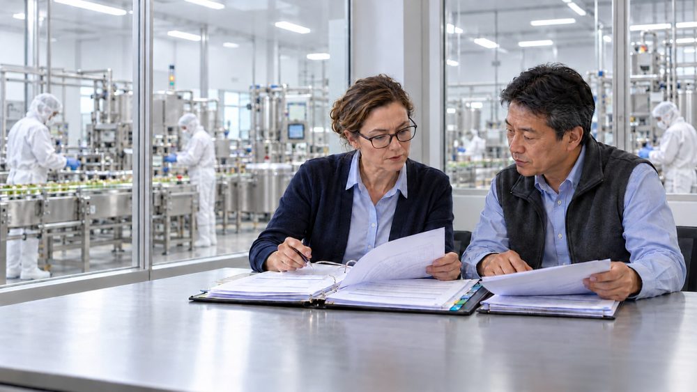 Zwei Qualitätsverantwortliche prüfen Auditunterlagen im Büro neben der abgetrennten Lebensmittelproduktion.