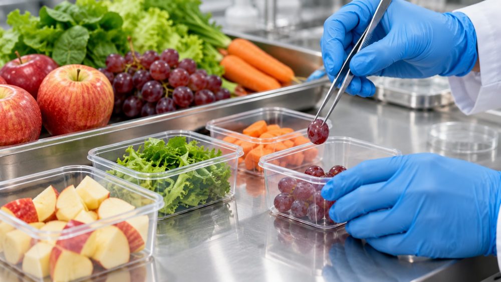 Mit Schutzhandschuhen werden Obst- und Gemüseproben getrennt für eine Laboruntersuchung vorbereitet.